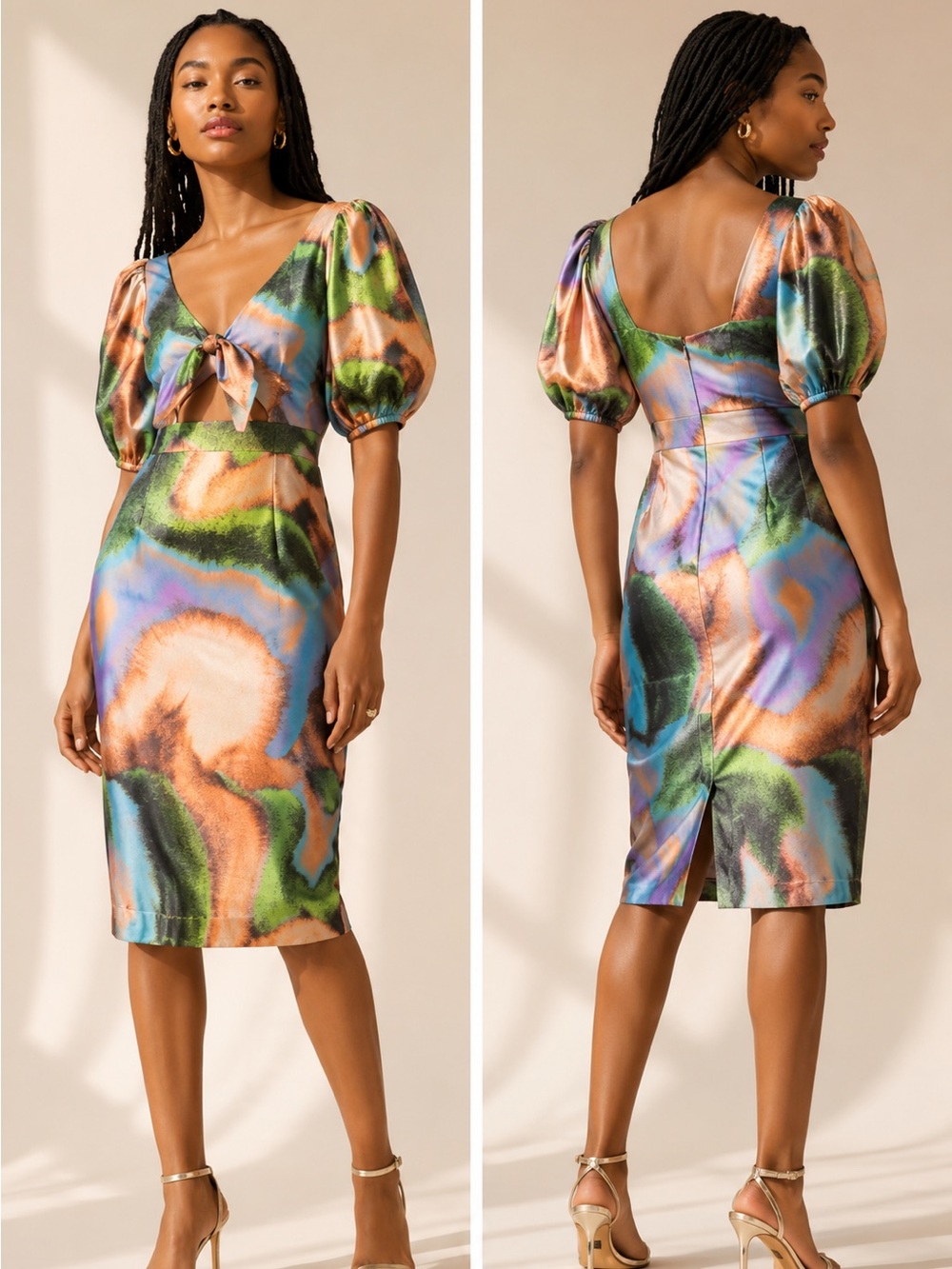 Rotate Birger Christensen Puff Sleeve Tie-Front Cutout Dress Multicolor Size S